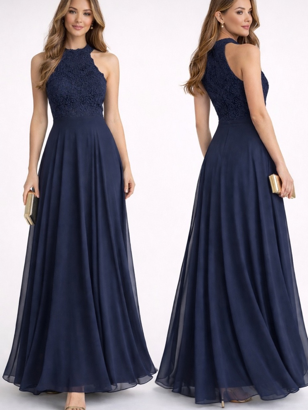 WORN ONCE! Lulus Love Poem Navy Lace Halter Maxi Dress Size L Formal Gown